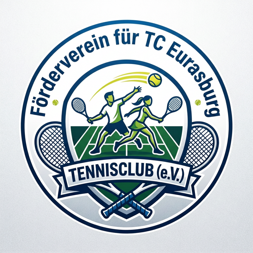 Logo with tennis players, rackets, and court promoting a German tennis club